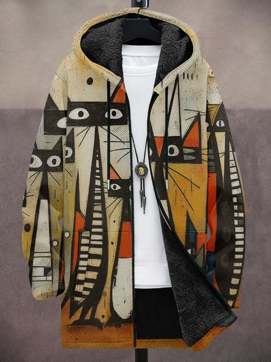 Men's Abstract Art Cat Print Heavy Coat