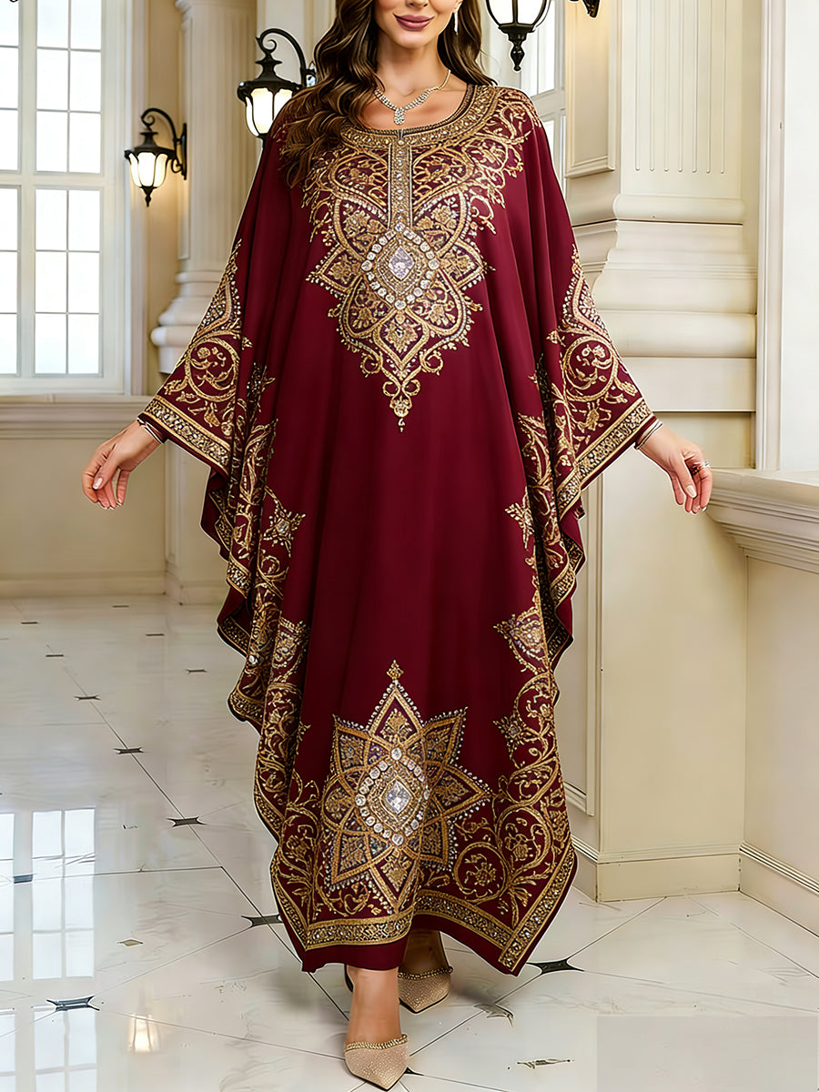 Women's Elegant Artistic Pattern Casual Loose Batwing Sleeve Long Plus Size Dress