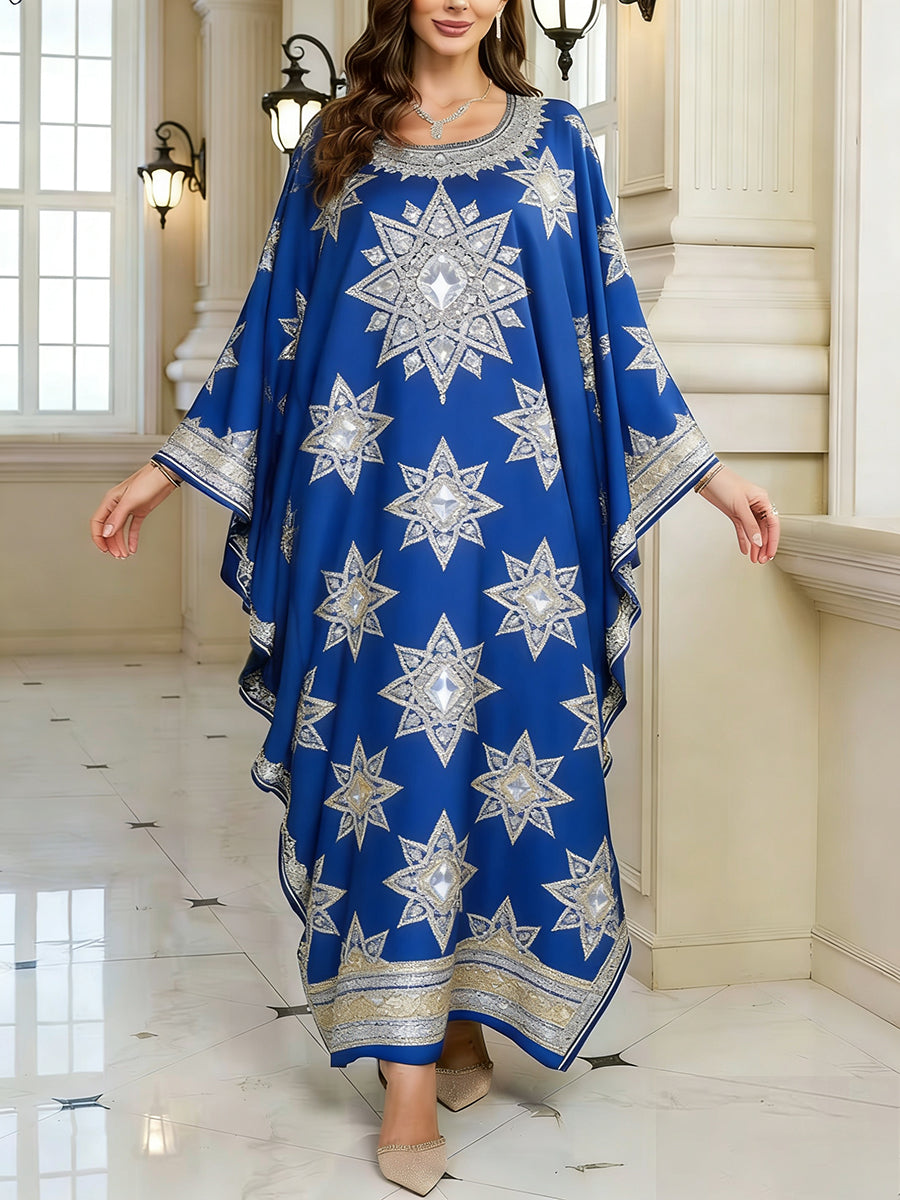 Women's Elegant Artistic Pattern Casual Loose Batwing Sleeve Long Plus Size Dress