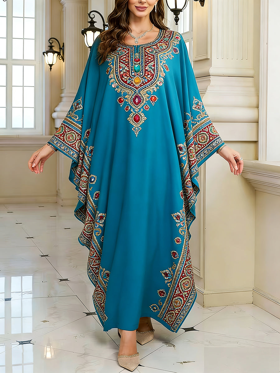 Women's Elegant Artistic Pattern Casual Loose Batwing Sleeve Long Plus Size Dress