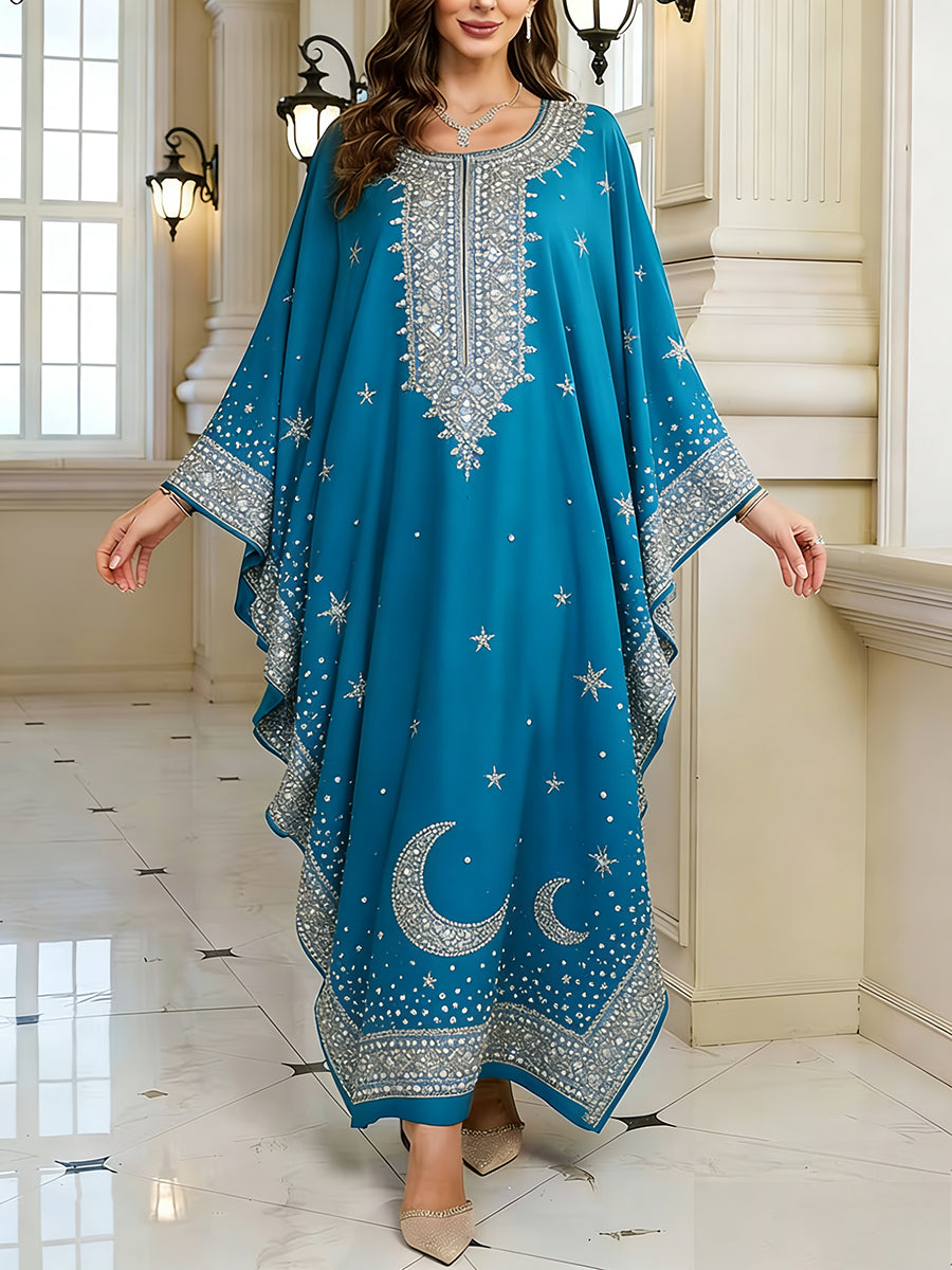 Women's Elegant Artistic Pattern Casual Loose Batwing Sleeve Long Plus Size Dress