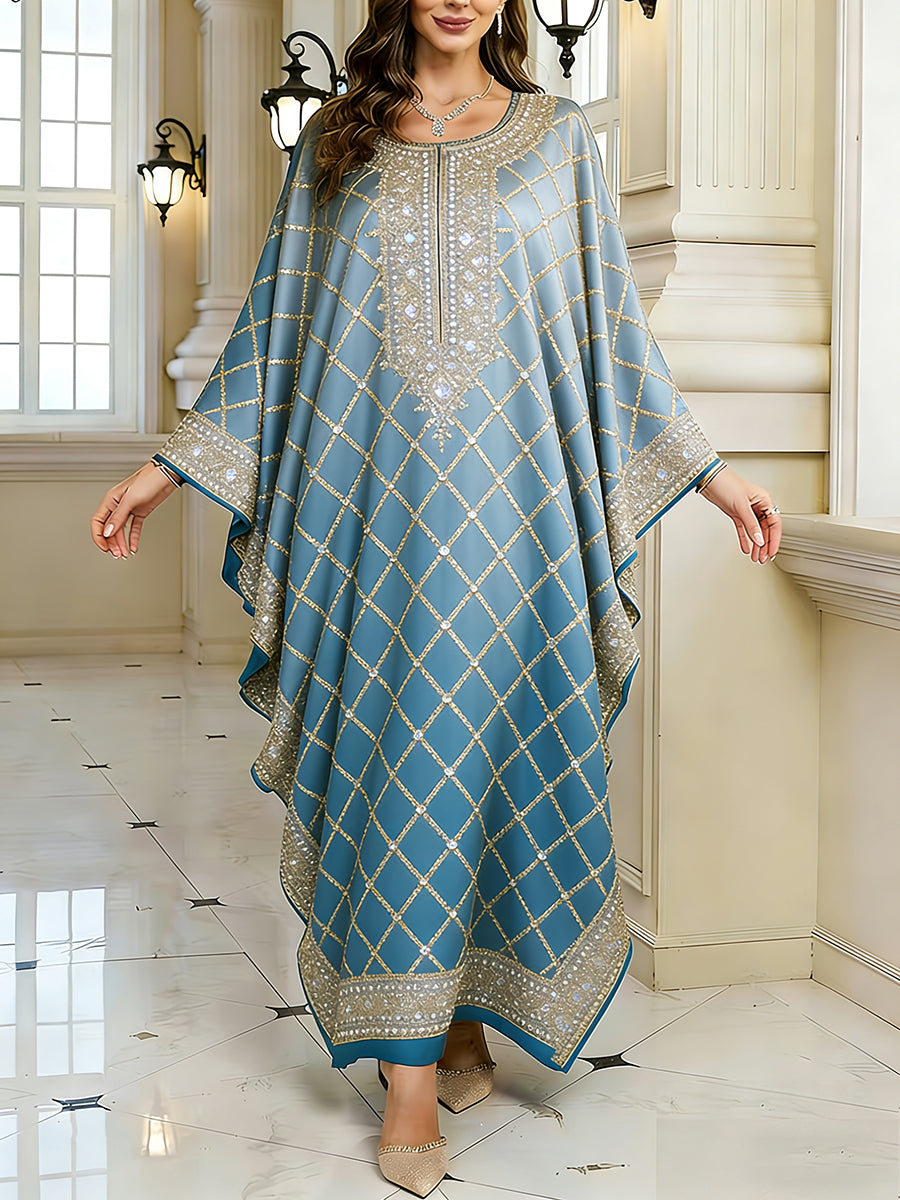 Women's Elegant Artistic Pattern Casual Loose Batwing Sleeve Long Plus Size Dress