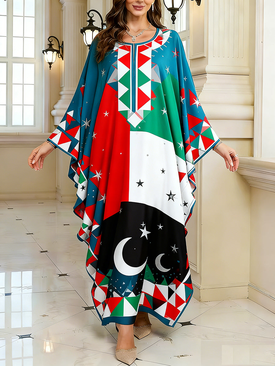 Women's Elegant Artistic Pattern Casual Loose Batwing Sleeve Long Plus Size Dress
