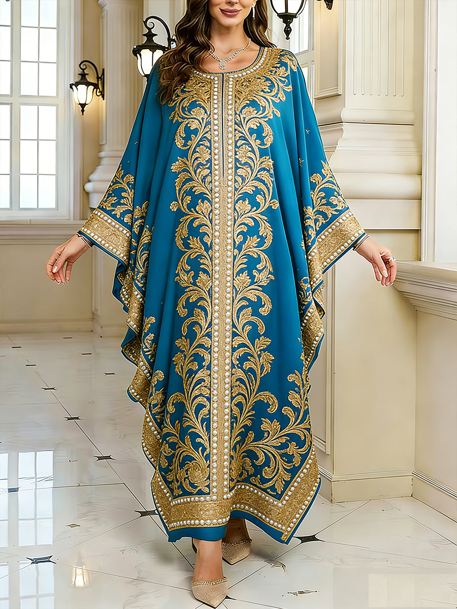 Women's Elegant Artistic Pattern Casual Loose Batwing Sleeve Long Plus Size Dress