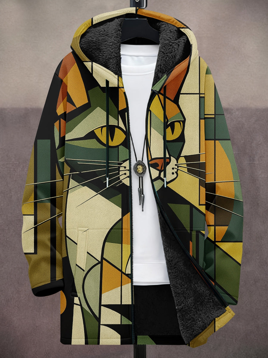 Men's Abstract Art Cat Print Heavy Coat