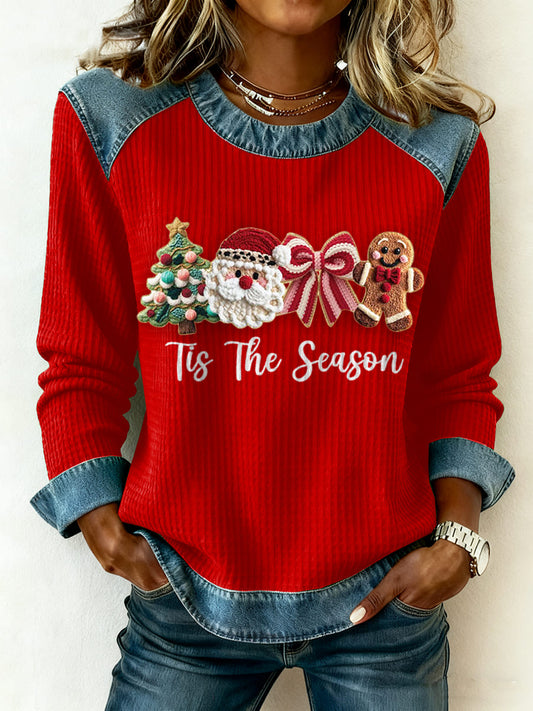 Women's Merry Christmas Denim Patchwork Top