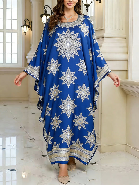 Women's Elegant Artistic Pattern Casual Loose Batwing Sleeve Long Plus Size Dress