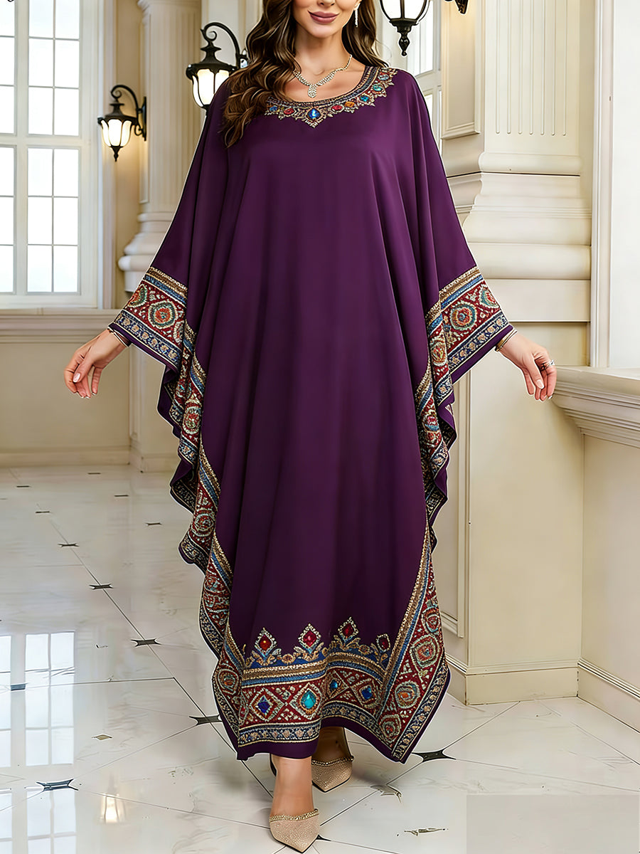 Women's Elegant Artistic Pattern Casual Loose Batwing Sleeve Long Plus Size Dress