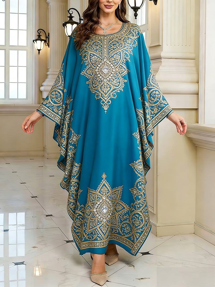 Women's Elegant Artistic Pattern Casual Loose Batwing Sleeve Long Plus Size Dress