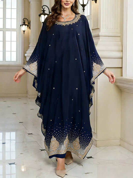 Women's Elegant Artistic Pattern Casual Loose Batwing Sleeve Long Plus Size Dress