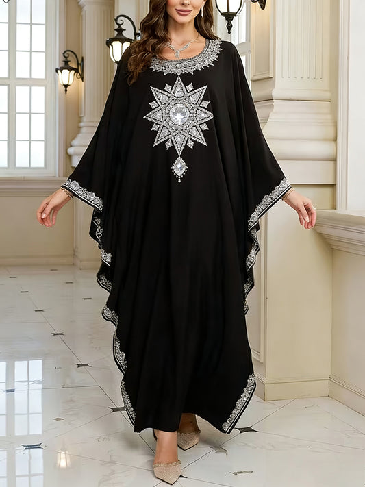 Women's Elegant Artistic Pattern Casual Loose Batwing Sleeve Long Plus Size Dress