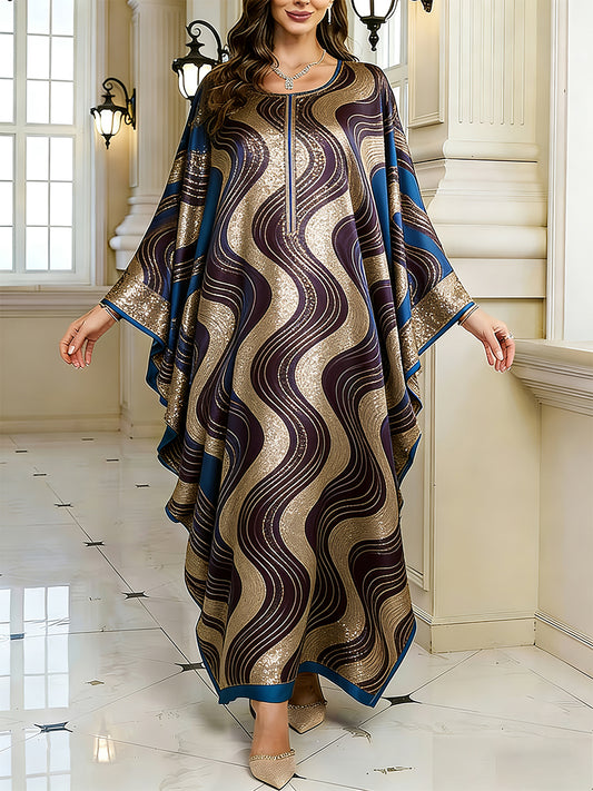Women's Elegant Artistic Pattern Casual Loose Batwing Sleeve Long Plus Size Dress