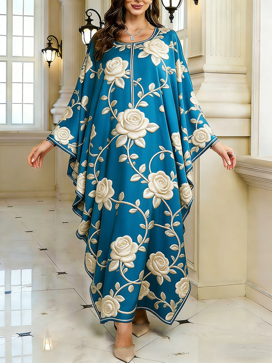 Women's Elegant Artistic Pattern Casual Loose Batwing Sleeve Long Plus Size Dress