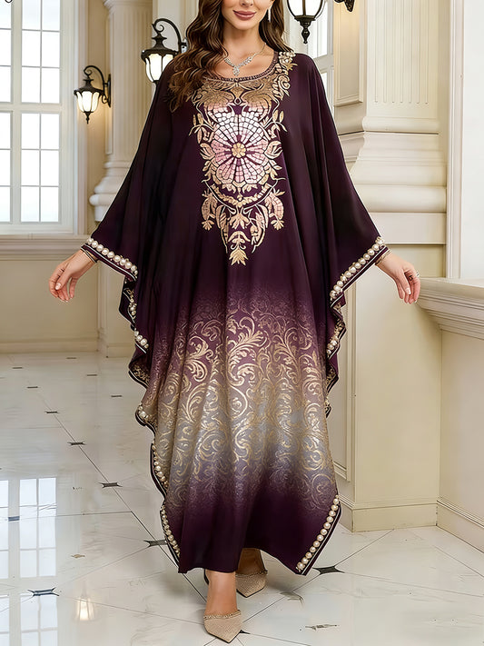 Women's Elegant Artistic Pattern Casual Loose Batwing Sleeve Long Plus Size Dress