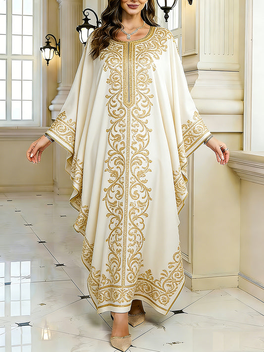 Women's Elegant Artistic Pattern Casual Loose Batwing Sleeve Long Plus Size Dress