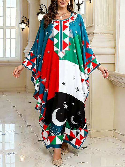 Women's Elegant Artistic Pattern Casual Loose Batwing Sleeve Long Plus Size Dress