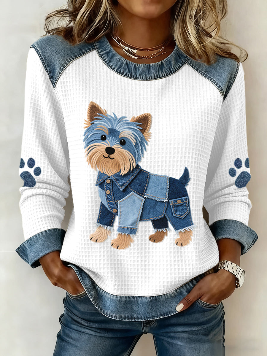 Women's Lovely Yorkshire Terrier Pattern Denim Patchwork Waffle Sweatshirt