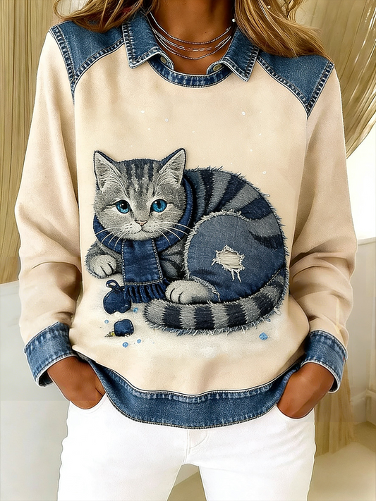 Retro Cute Cat Denim Scarf Patchwork  Printed Casual Loose Long Sleeve Lapel Sweatshirt