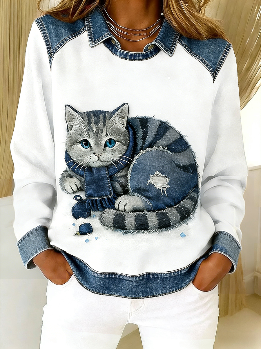 Retro Cute Cat Denim Scarf Patchwork  Printed Casual Loose Long Sleeve Lapel Sweatshirt