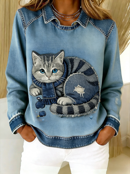 Retro Cute Cat Denim Scarf Patchwork  Printed Casual Loose Long Sleeve Lapel Sweatshirt