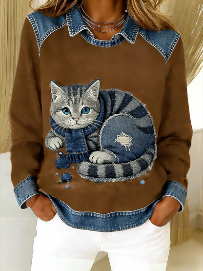 Retro Cute Cat Denim Scarf Patchwork  Printed Casual Loose Long Sleeve Lapel Sweatshirt