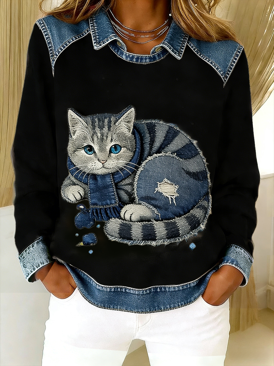 Retro Cute Cat Denim Scarf Patchwork  Printed Casual Loose Long Sleeve Lapel Sweatshirt