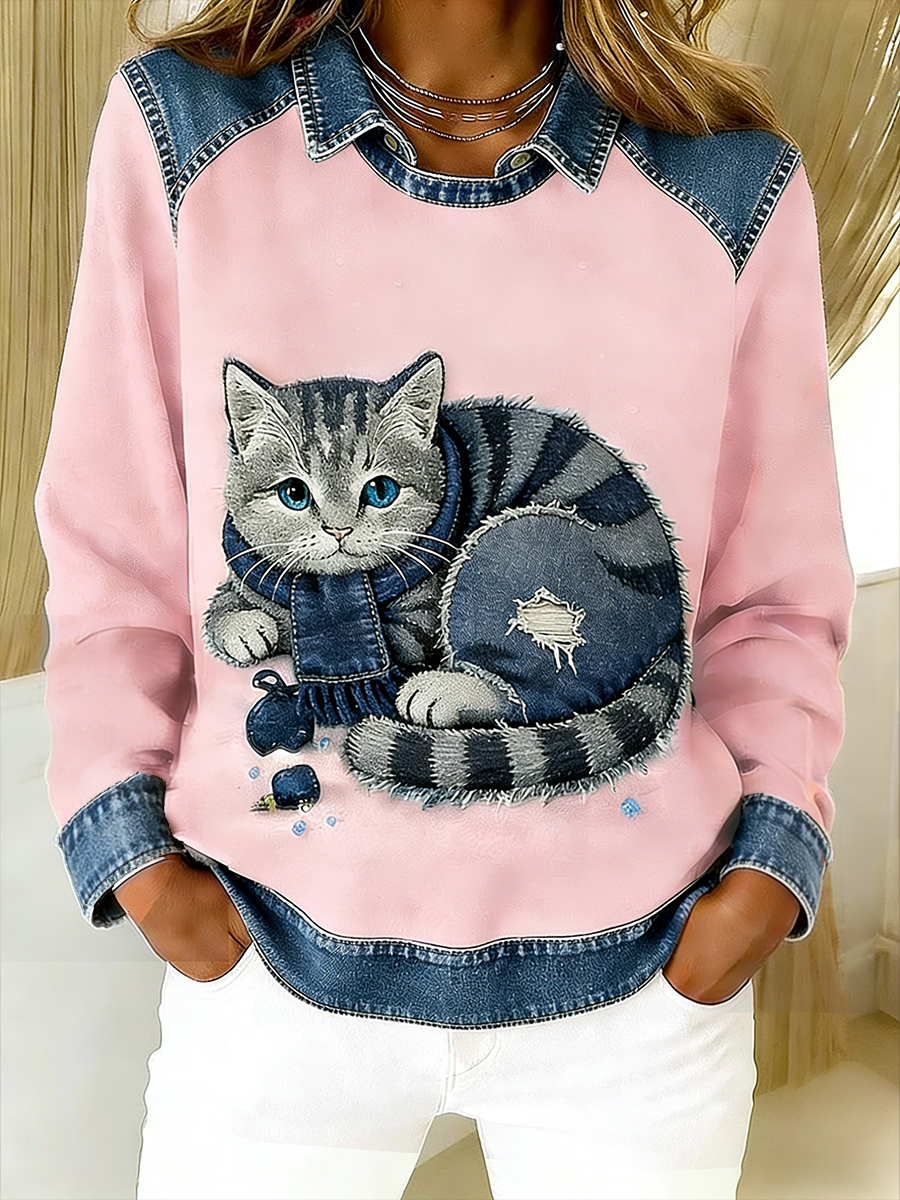 Retro Cute Cat Denim Scarf Patchwork  Printed Casual Loose Long Sleeve Lapel Sweatshirt