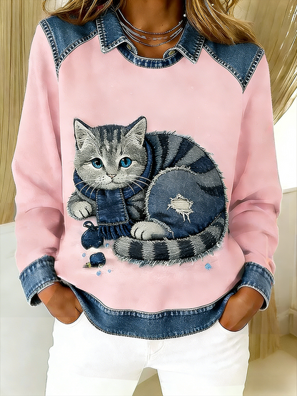 Retro Cute Cat Denim Scarf Patchwork  Printed Casual Loose Long Sleeve Lapel Sweatshirt