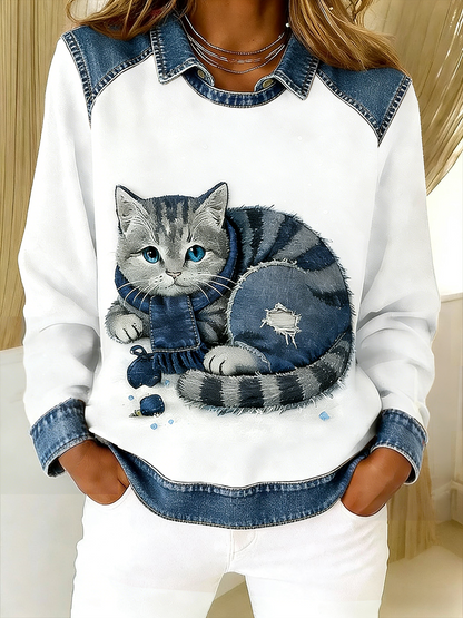 Retro Cute Cat Denim Scarf Patchwork  Printed Casual Loose Long Sleeve Lapel Sweatshirt
