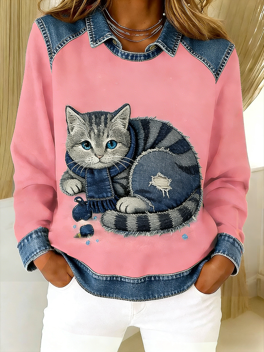 Retro Cute Cat Denim Scarf Patchwork  Printed Casual Loose Long Sleeve Lapel Sweatshirt