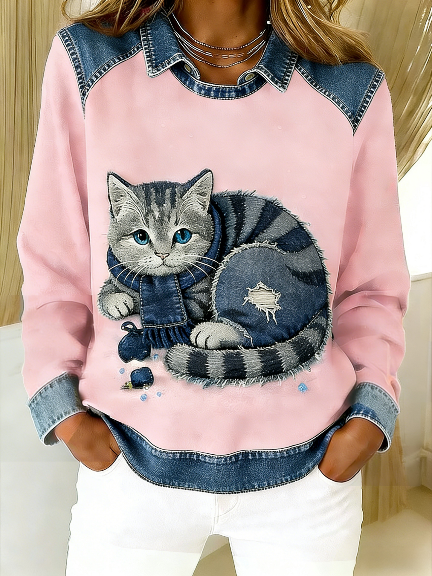 Retro Cute Cat Denim Scarf Patchwork  Printed Casual Loose Long Sleeve Lapel Sweatshirt
