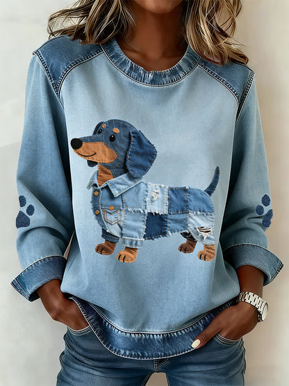 Women's Dachshund Pattern Denim Patchwork Art Sweatshirt