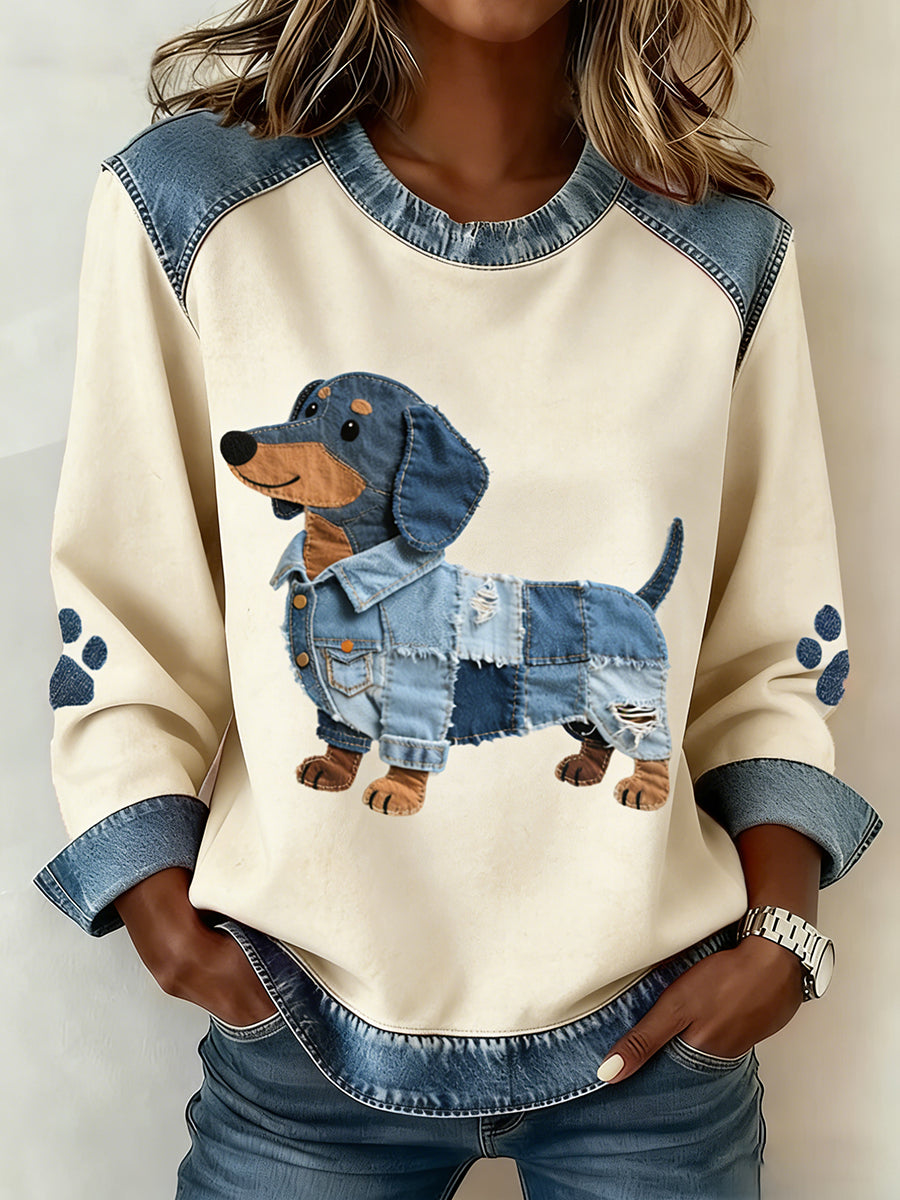 Women's Dachshund Pattern Denim Patchwork Art Sweatshirt